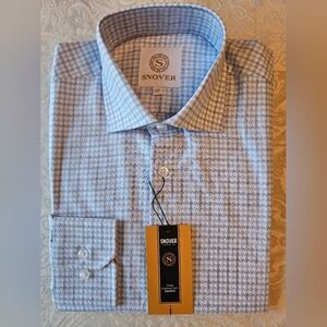 100% Cotton Blue Houndstooth Formal Button Down Shirt, 39 Snover, NWT